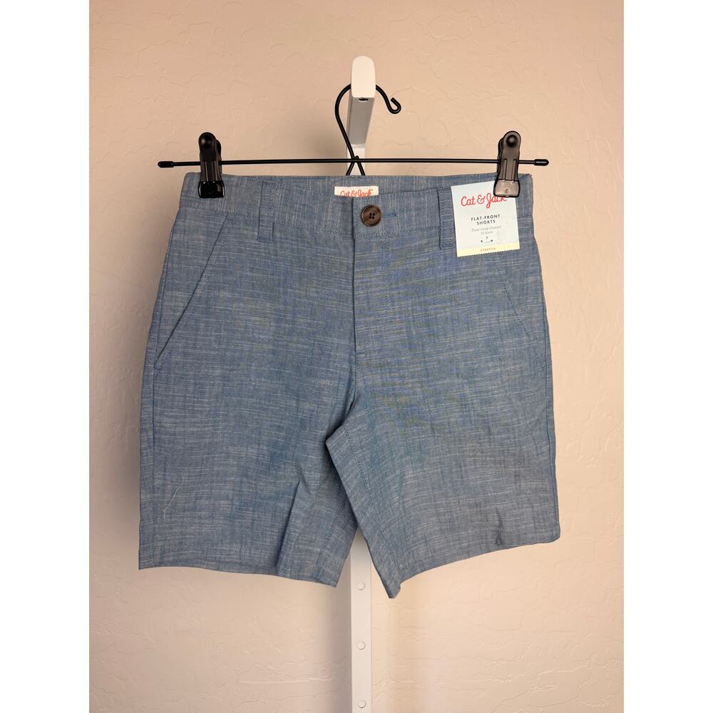 Cat & Jack Blue Chambray Flat Front Shorts Boys 7 Stretch NWT